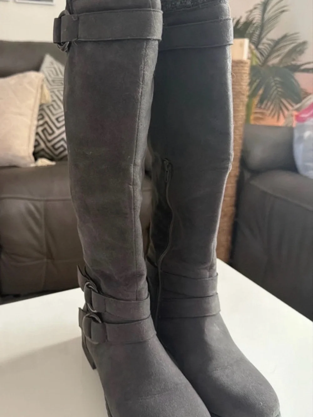 Shoe Dazzle Black Over-the-Knee Buckled Knit-Cuff Boots